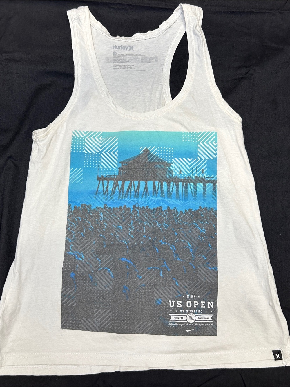 Hurley White Tank Top.US Open Pier Graphic. Ttiny rip on back side see last pics